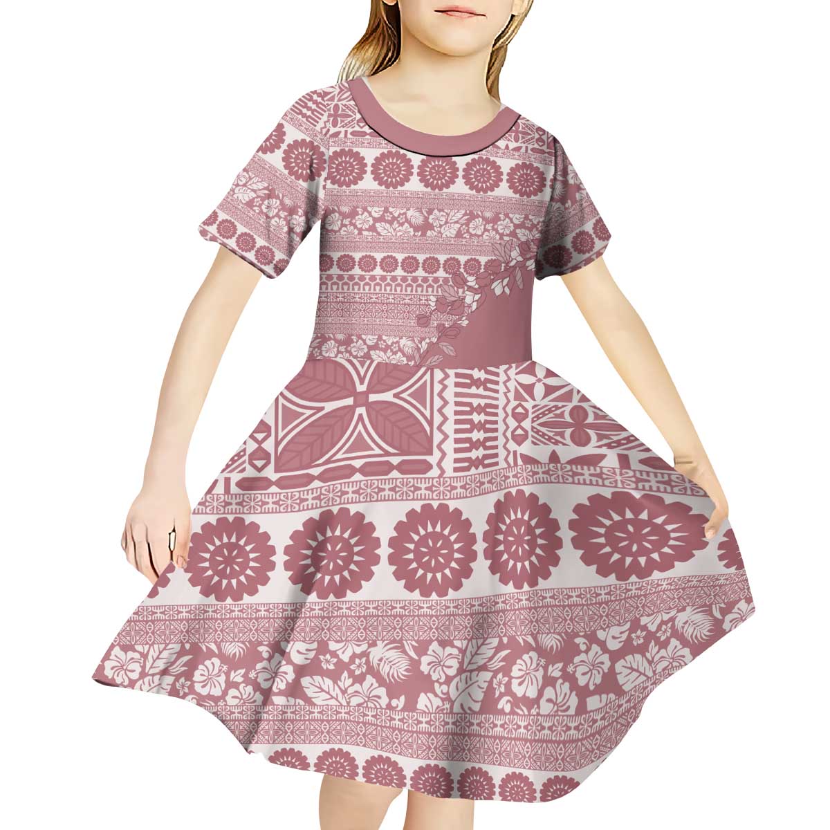 Fiji Marau na Kerisimasi Kid Short Sleeve Dress Dusty Rose Tagimoucia Tapa Masi Tribal LT9 - Polynesian Pride