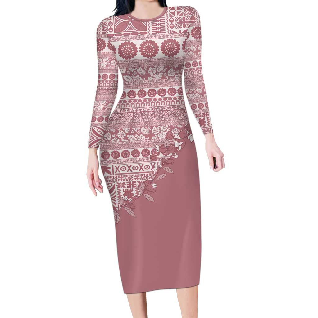 Fiji Marau na Kerisimasi Long Sleeve Bodycon Dress Dusty Rose Tagimoucia Tapa Masi Tribal LT9 Long Dress Pink - Polynesian Pride
