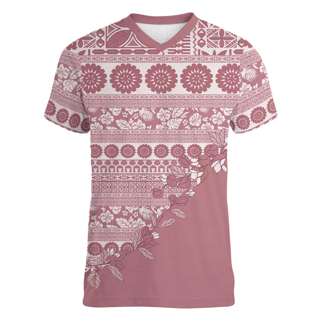 Fiji Marau na Kerisimasi Women V-Neck T-Shirt Dusty Rose Tagimoucia Tapa Masi Tribal LT9 Female Pink - Polynesian Pride