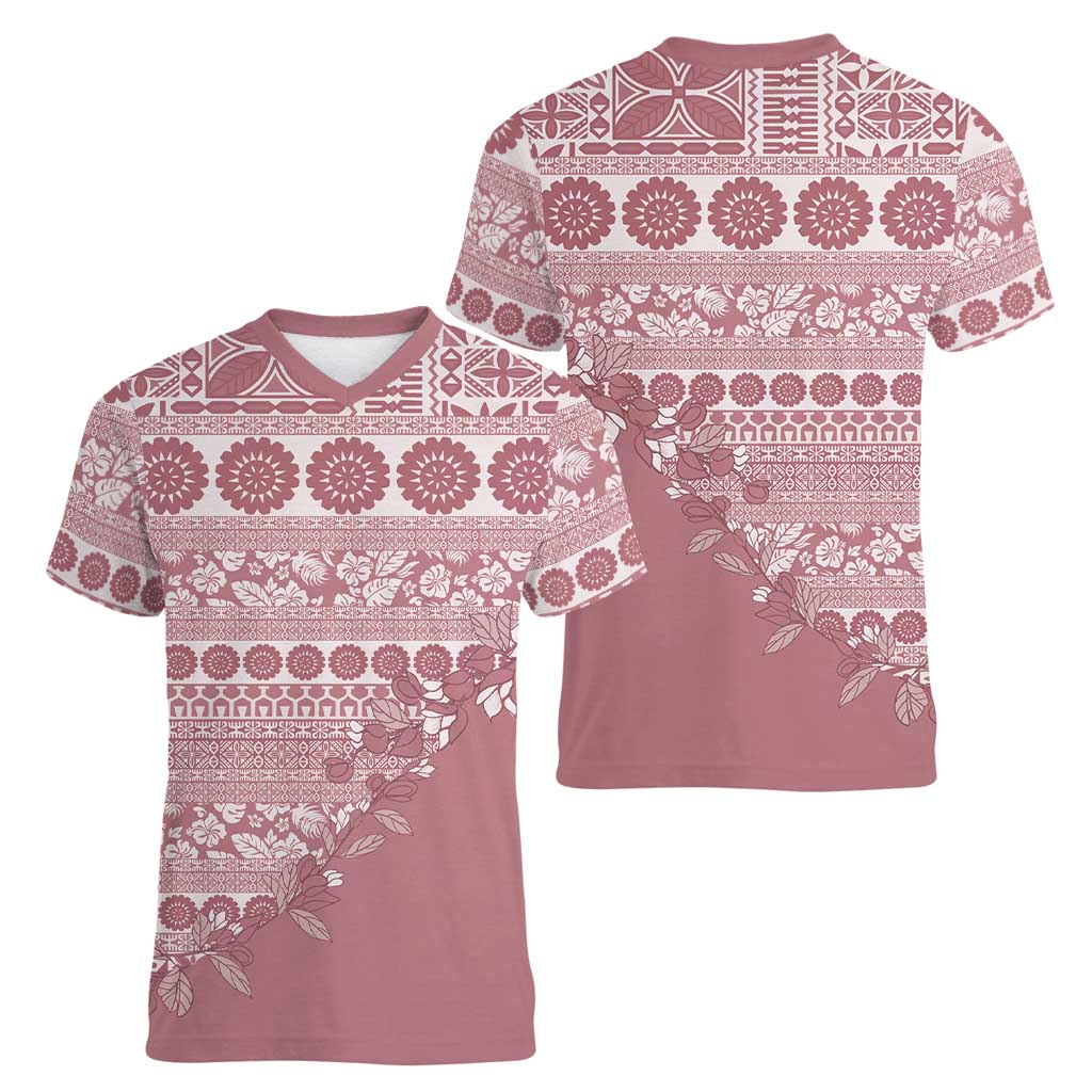 Fiji Marau na Kerisimasi Women V-Neck T-Shirt Dusty Rose Tagimoucia Tapa Masi Tribal LT9 - Polynesian Pride