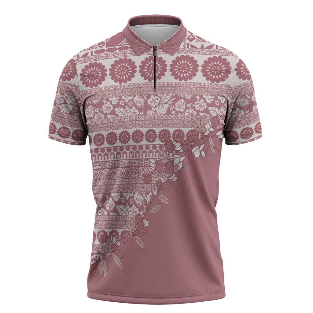 Fiji Marau na Kerisimasi Zipper Polo Shirt Dusty Rose Tagimoucia Tapa Masi Tribal LT9 Pink - Polynesian Pride