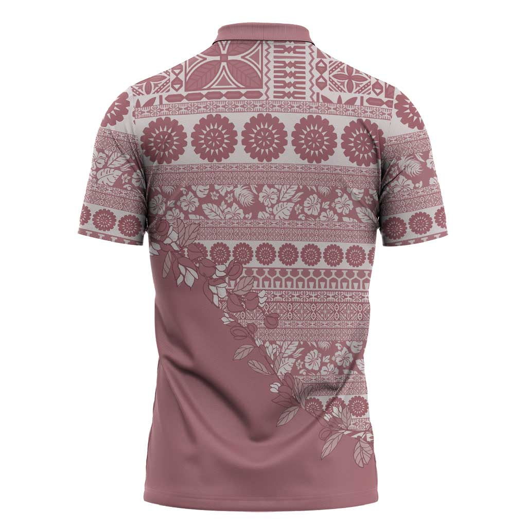 Fiji Marau na Kerisimasi Zipper Polo Shirt Dusty Rose Tagimoucia Tapa Masi Tribal LT9 - Polynesian Pride