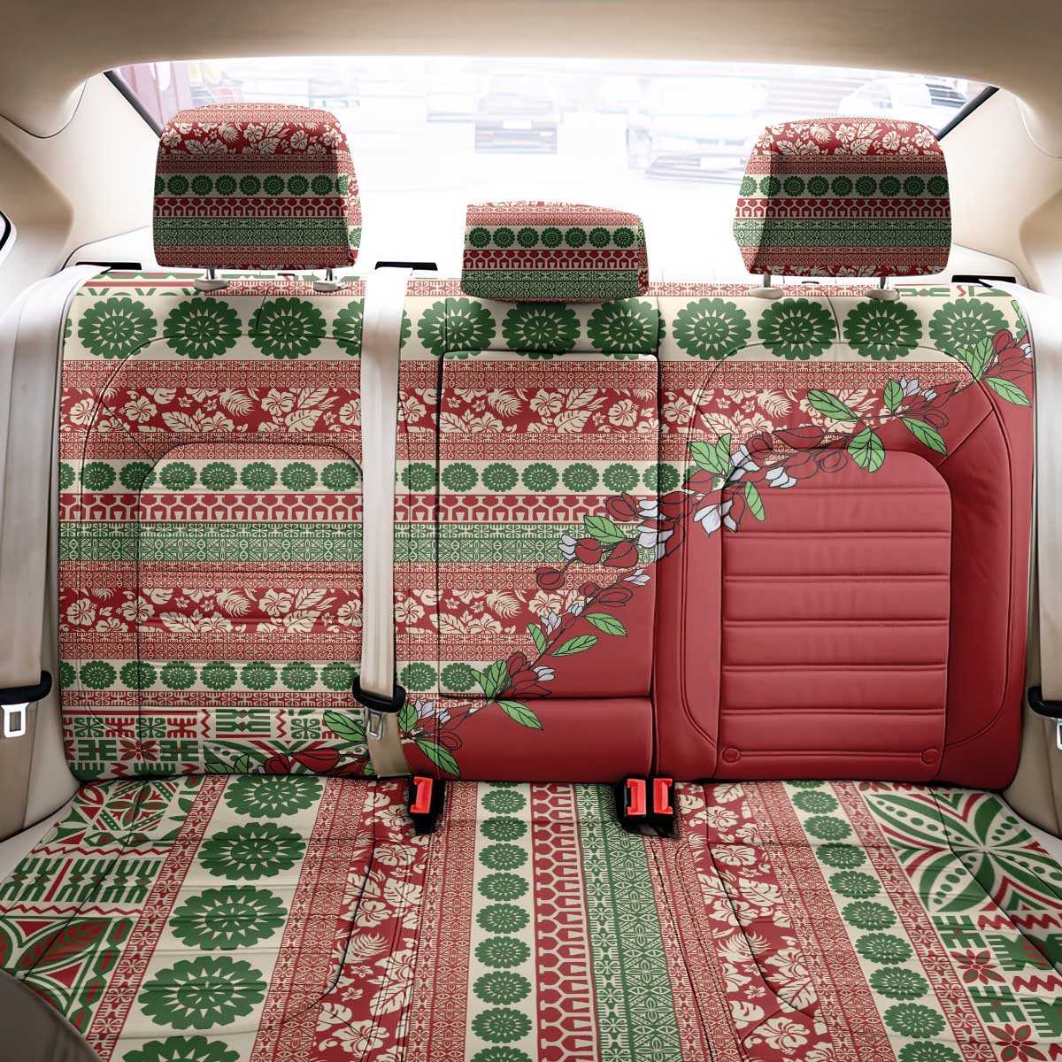 Fiji Marau na Kerisimasi Back Car Seat Cover Red Tagimoucia Tapa Masi Tribal - Polynesian Pride
