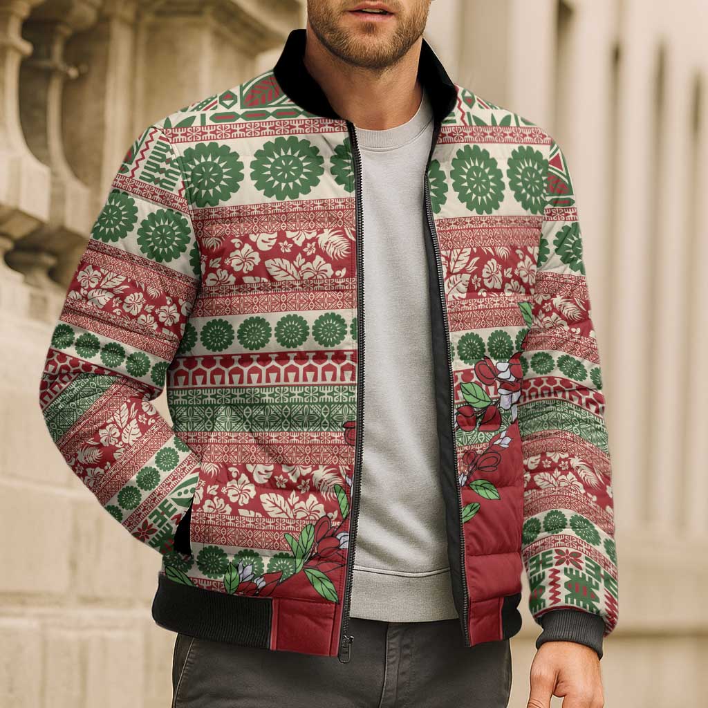 Fiji Marau na Kerisimasi Bomber Puffer Jacket Red Tagimoucia Tapa Masi Tribal - Polynesian Pride
