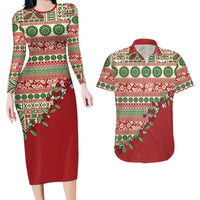 Fiji Marau na Kerisimasi Couples Matching Long Sleeve Bodycon Dress and Hawaiian Shirt Red Tagimoucia Tapa Masi Tribal LT9 Red - Polynesian Pride
