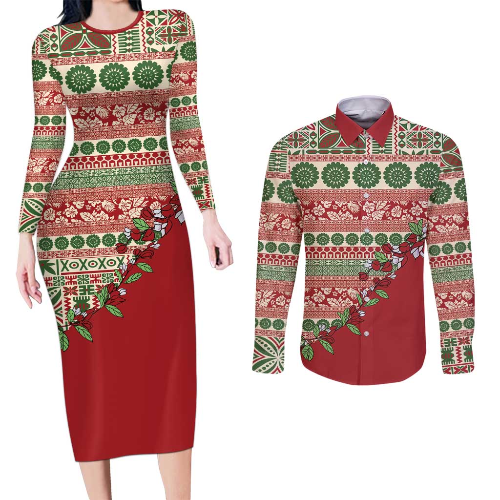 Fiji Marau na Kerisimasi Couples Matching Long Sleeve Bodycon Dress and Long Sleeve Button Shirt Red Tagimoucia Tapa Masi Tribal LT9 Red - Polynesian Pride