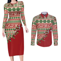 Fiji Marau na Kerisimasi Couples Matching Long Sleeve Bodycon Dress and Long Sleeve Button Shirt Red Tagimoucia Tapa Masi Tribal LT9 Red - Polynesian Pride