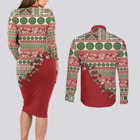 Fiji Marau na Kerisimasi Couples Matching Long Sleeve Bodycon Dress and Long Sleeve Button Shirt Red Tagimoucia Tapa Masi Tribal LT9 - Polynesian Pride