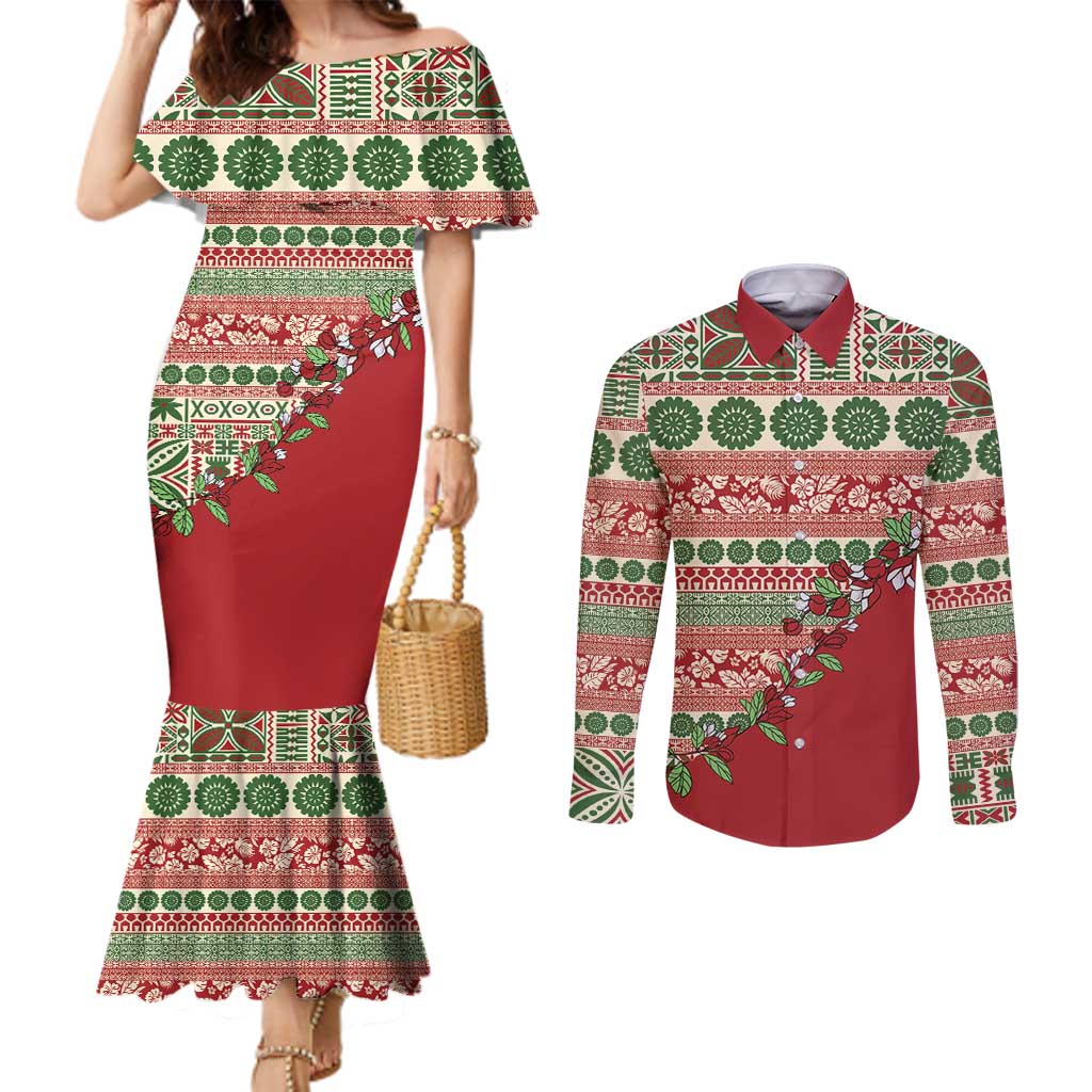 Fiji Marau na Kerisimasi Couples Matching Mermaid Dress and Long Sleeve Button Shirt Red Tagimoucia Tapa Masi Tribal - Polynesian Pride