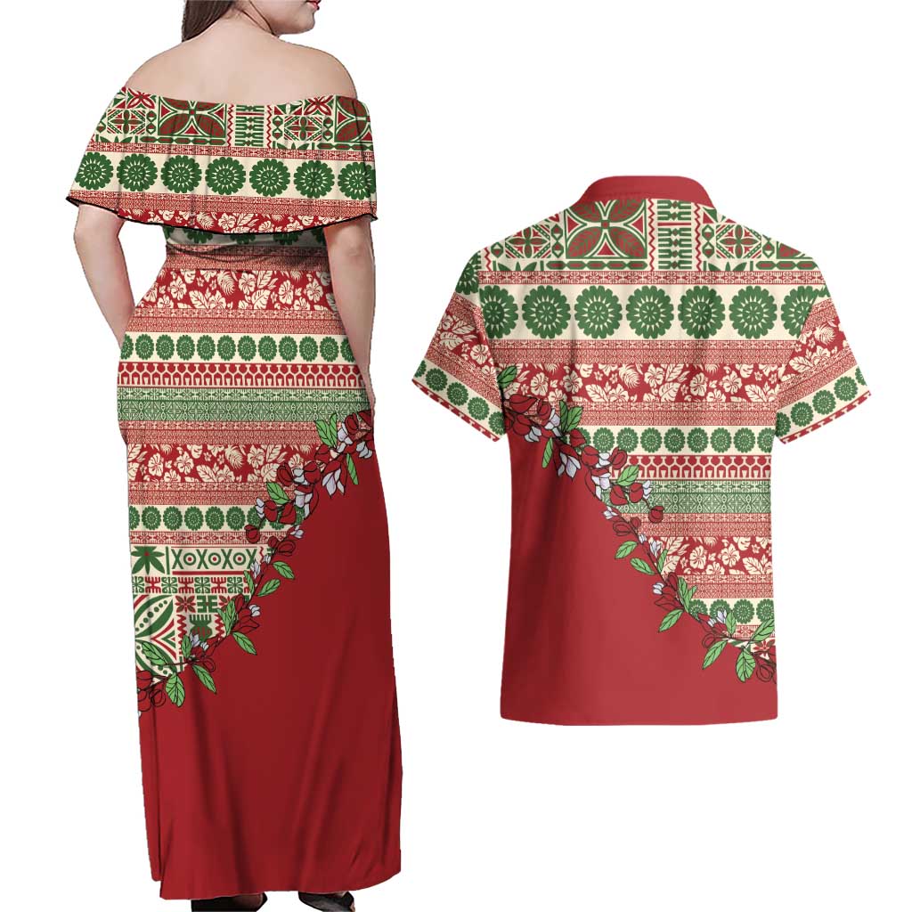 Fiji Marau na Kerisimasi Couples Matching Off Shoulder Maxi Dress and Hawaiian Shirt Red Tagimoucia Tapa Masi Tribal LT9 - Polynesian Pride