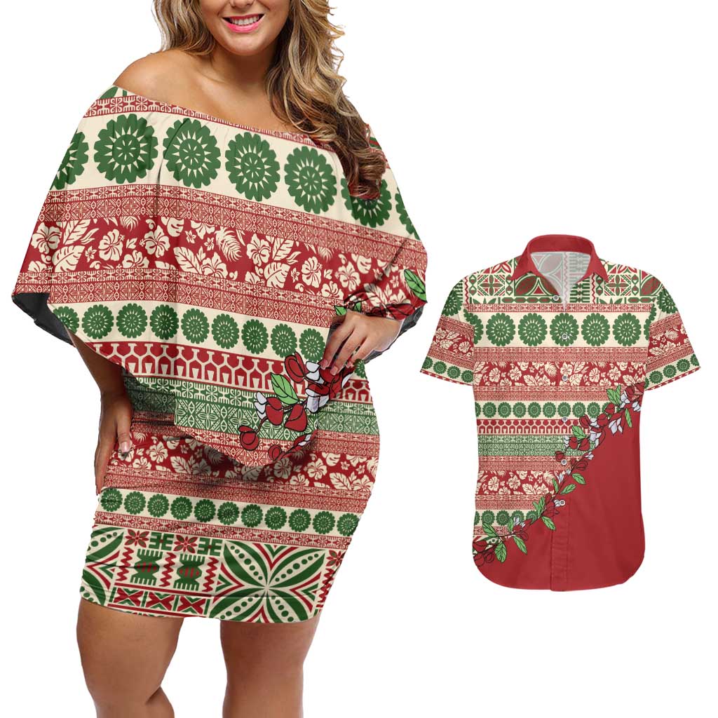 Fiji Marau na Kerisimasi Couples Matching Off Shoulder Short Dress and Hawaiian Shirt Red Tagimoucia Tapa Masi Tribal - Polynesian Pride