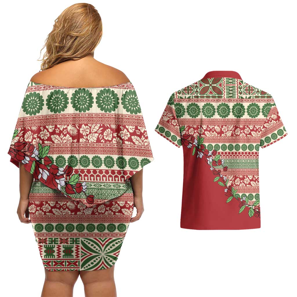 Fiji Marau na Kerisimasi Couples Matching Off Shoulder Short Dress and Hawaiian Shirt Red Tagimoucia Tapa Masi Tribal LT9 - Polynesian Pride
