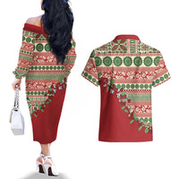 Fiji Marau na Kerisimasi Couples Matching Off The Shoulder Long Sleeve Dress and Hawaiian Shirt Red Tagimoucia Tapa Masi Tribal LT9 - Polynesian Pride