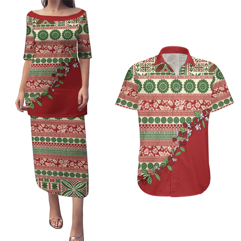 Fiji Marau na Kerisimasi Couples Matching Puletasi and Hawaiian Shirt Red Tagimoucia Tapa Masi Tribal - Polynesian Pride