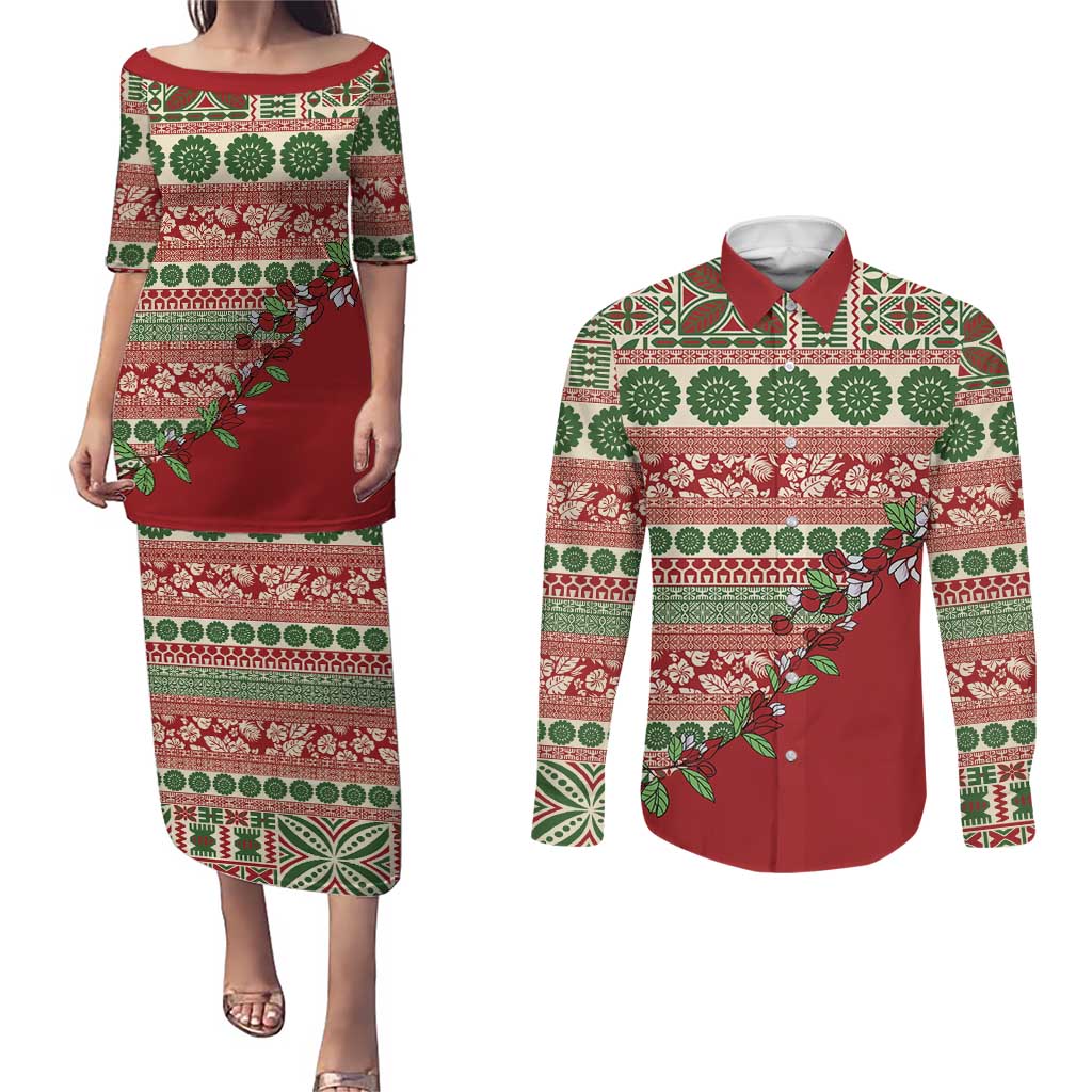 Fiji Marau na Kerisimasi Couples Matching Puletasi and Long Sleeve Button Shirt Red Tagimoucia Tapa Masi Tribal - Polynesian Pride