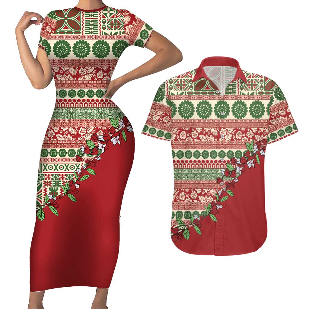 Fiji Marau na Kerisimasi Couples Matching Short Sleeve Bodycon Dress and Hawaiian Shirt Red Tagimoucia Tapa Masi Tribal LT9 Red - Polynesian Pride