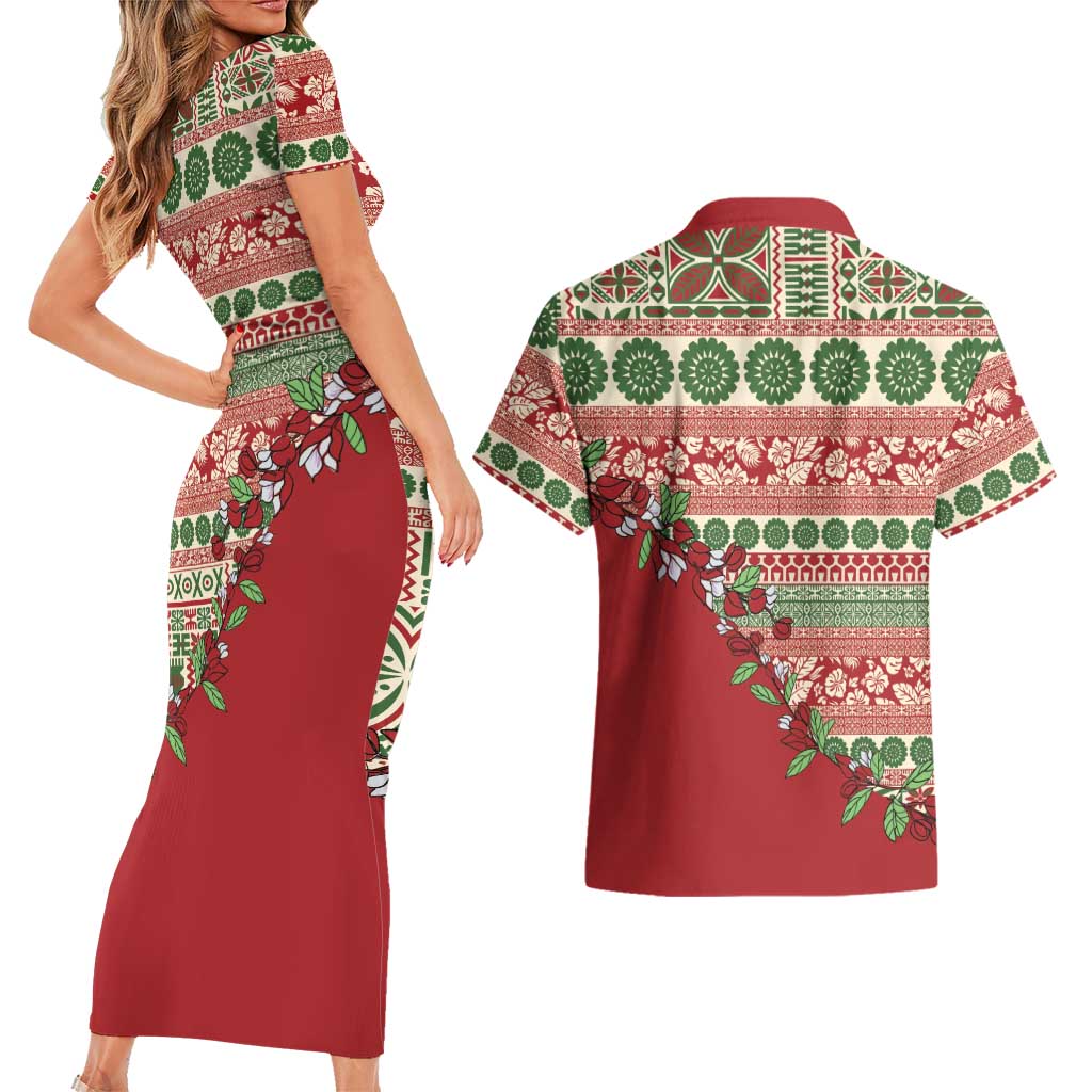 Fiji Marau na Kerisimasi Couples Matching Short Sleeve Bodycon Dress and Hawaiian Shirt Red Tagimoucia Tapa Masi Tribal LT9 - Polynesian Pride