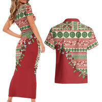 Fiji Marau na Kerisimasi Couples Matching Short Sleeve Bodycon Dress and Hawaiian Shirt Red Tagimoucia Tapa Masi Tribal LT9 - Polynesian Pride
