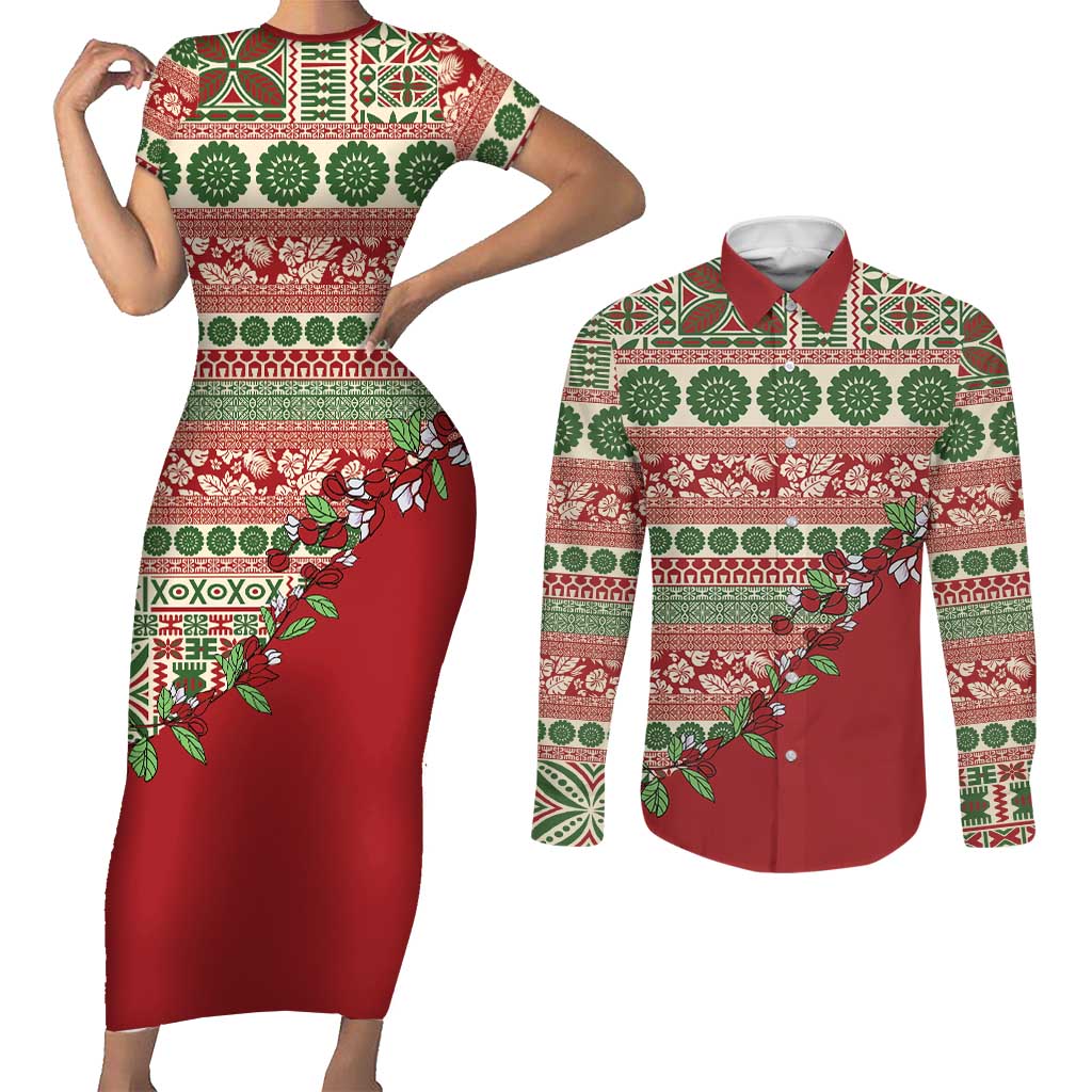 Fiji Marau na Kerisimasi Couples Matching Short Sleeve Bodycon Dress and Long Sleeve Button Shirt Red Tagimoucia Tapa Masi Tribal LT9 Red - Polynesian Pride
