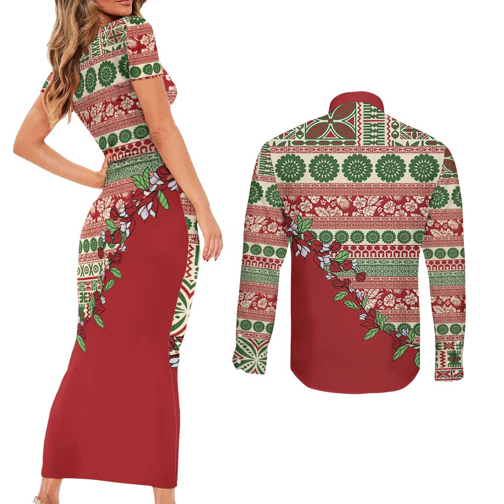 Fiji Marau na Kerisimasi Couples Matching Short Sleeve Bodycon Dress and Long Sleeve Button Shirt Red Tagimoucia Tapa Masi Tribal LT9 - Polynesian Pride