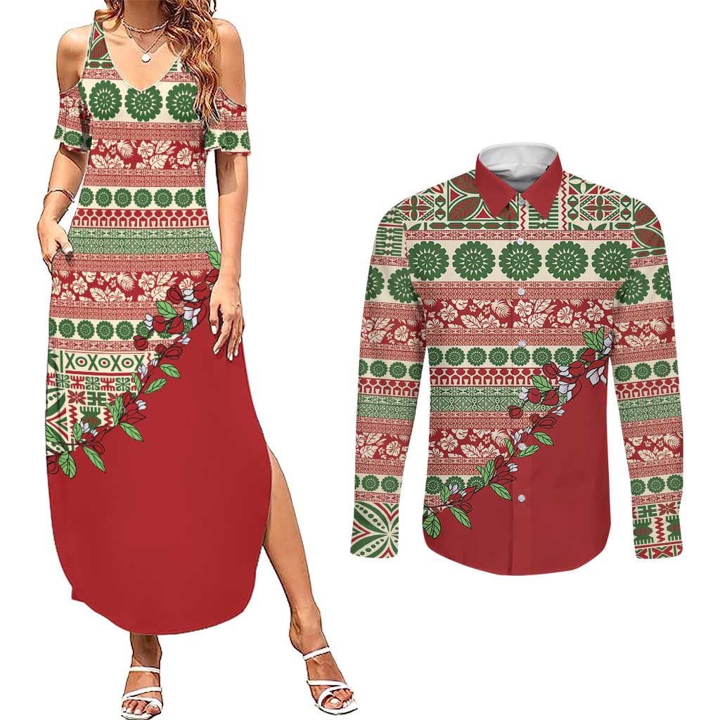 Fiji Marau na Kerisimasi Couples Matching Summer Maxi Dress and Long Sleeve Button Shirt Red Tagimoucia Tapa Masi Tribal - Polynesian Pride