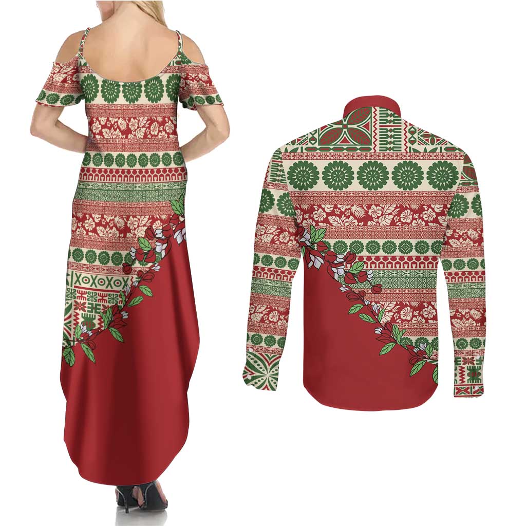 Fiji Marau na Kerisimasi Couples Matching Summer Maxi Dress and Long Sleeve Button Shirt Red Tagimoucia Tapa Masi Tribal LT9 - Polynesian Pride