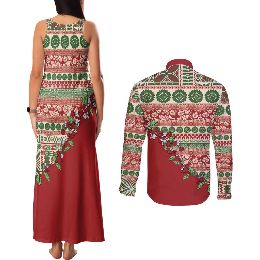 Fiji Marau na Kerisimasi Couples Matching Tank Maxi Dress and Long Sleeve Button Shirt Red Tagimoucia Tapa Masi Tribal LT9 - Polynesian Pride