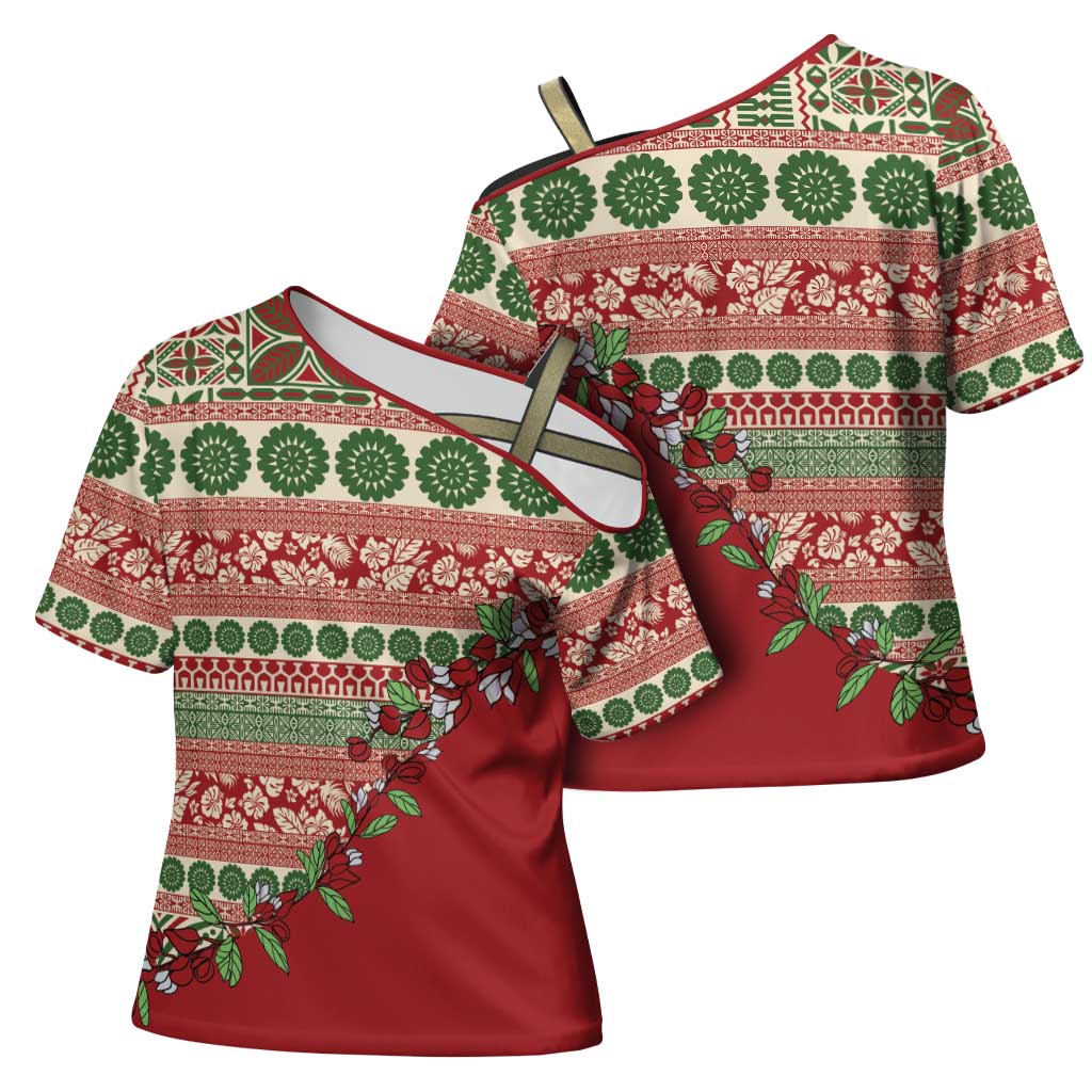 Fiji Marau na Kerisimasi Cross Shoulder Shirt Red Tagimoucia Tapa Masi Tribal - Polynesian Pride