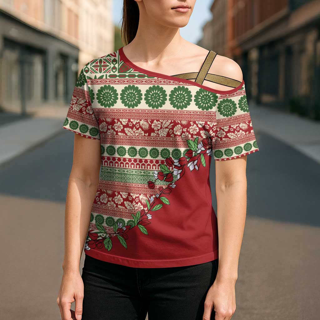 Fiji Marau na Kerisimasi Cross Shoulder Shirt Red Tagimoucia Tapa Masi Tribal - Polynesian Pride