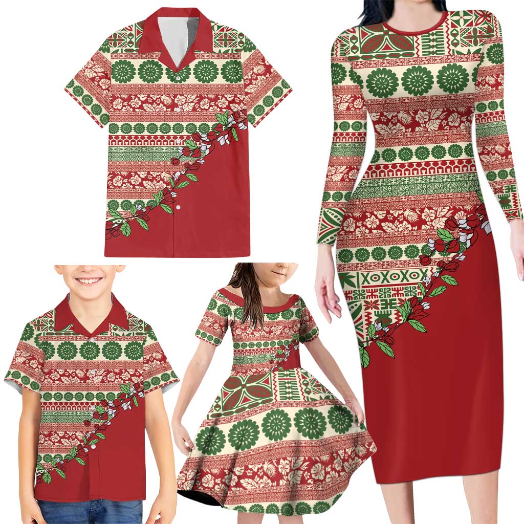 Fiji Marau na Kerisimasi Family Matching Long Sleeve Bodycon Dress and Hawaiian Shirt Red Tagimoucia Tapa Masi Tribal LT9 - Polynesian Pride