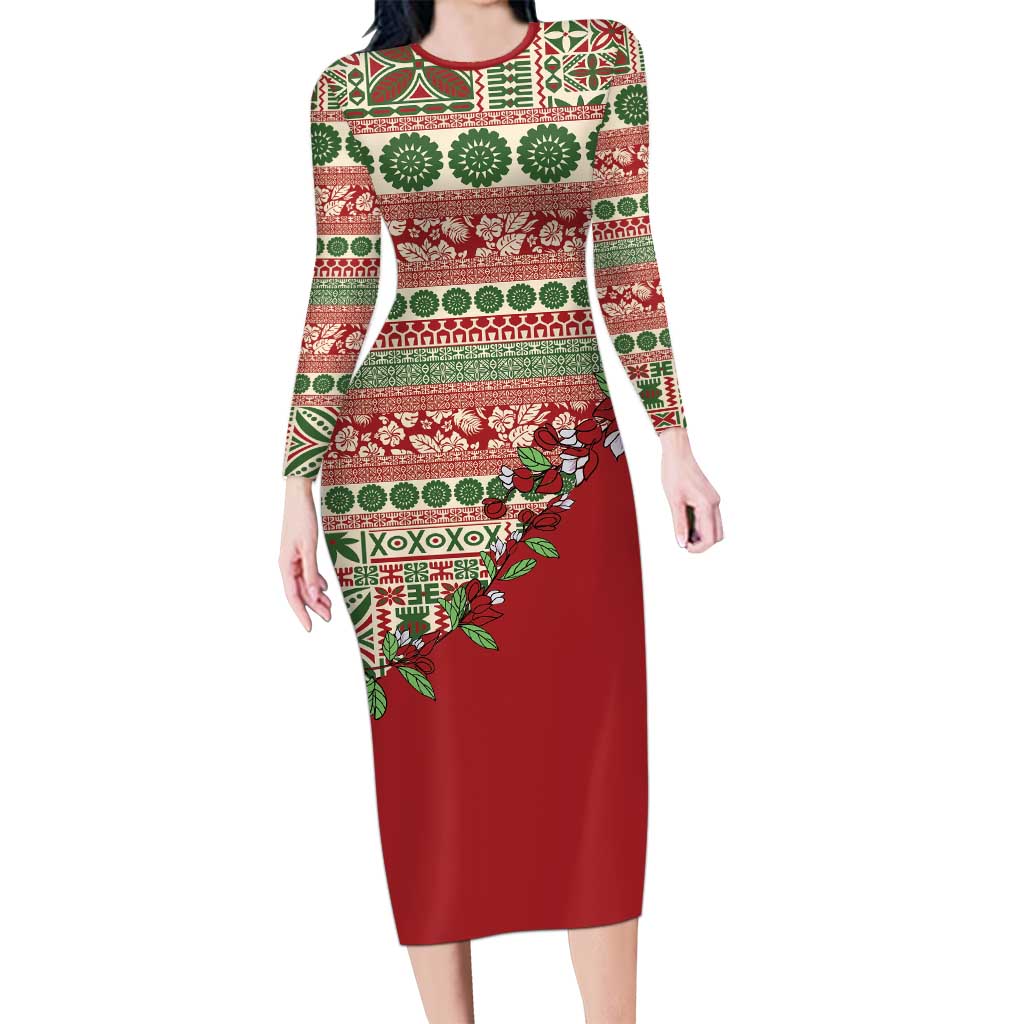 Fiji Marau na Kerisimasi Family Matching Long Sleeve Bodycon Dress and Hawaiian Shirt Red Tagimoucia Tapa Masi Tribal LT9 Mom's Dress Red - Polynesian Pride