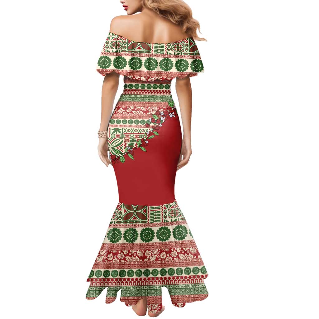 Fiji Marau na Kerisimasi Family Matching Mermaid Dress and Hawaiian Shirt Red Tagimoucia Tapa Masi Tribal LT9 - Polynesian Pride