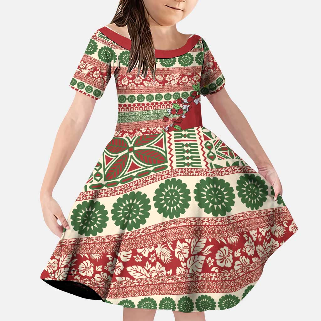 Fiji Marau na Kerisimasi Family Matching Off The Shoulder Long Sleeve Dress and Hawaiian Shirt Red Tagimoucia Tapa Masi Tribal LT9 Daughter's Dress Red - Polynesian Pride