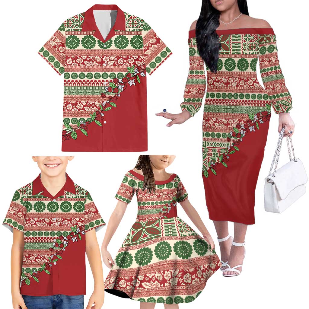 Fiji Marau na Kerisimasi Family Matching Off The Shoulder Long Sleeve Dress and Hawaiian Shirt Red Tagimoucia Tapa Masi Tribal LT9 - Polynesian Pride