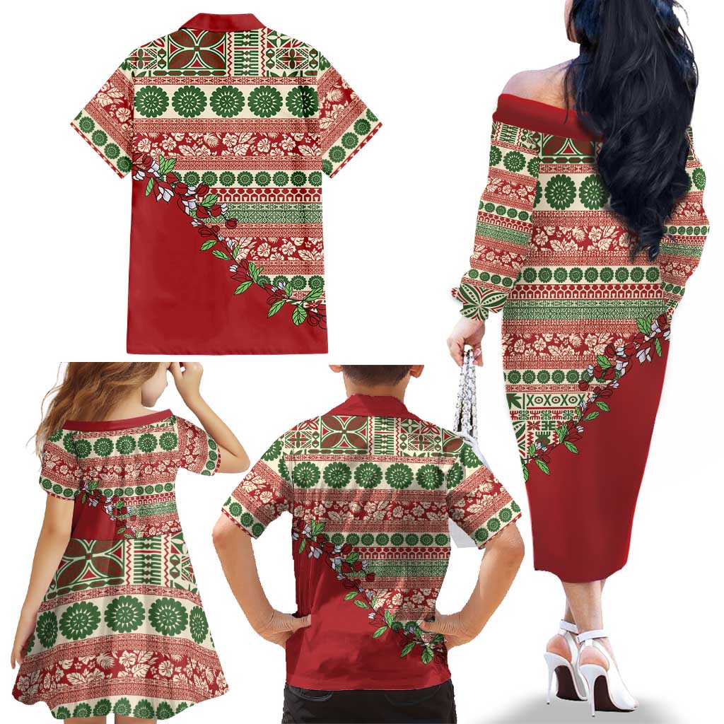 Fiji Marau na Kerisimasi Family Matching Off The Shoulder Long Sleeve Dress and Hawaiian Shirt Red Tagimoucia Tapa Masi Tribal LT9 - Polynesian Pride