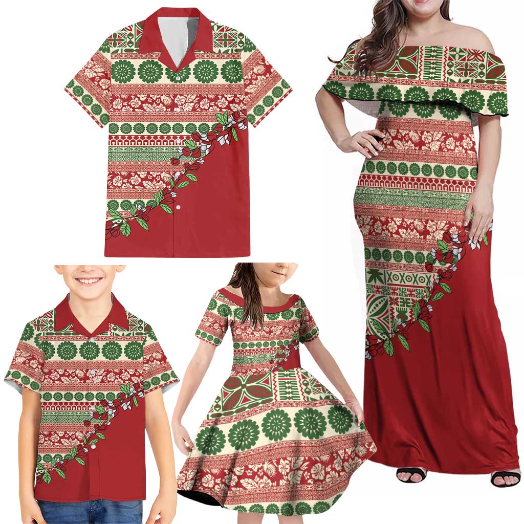 Fiji Marau na Kerisimasi Family Matching Off Shoulder Maxi Dress and Hawaiian Shirt Red Tagimoucia Tapa Masi Tribal LT9 - Polynesian Pride