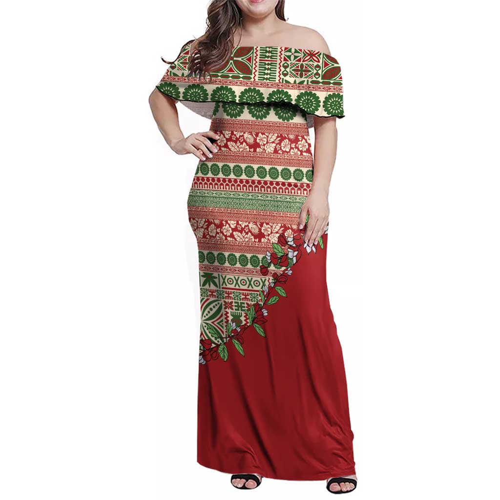 Fiji Marau na Kerisimasi Family Matching Off Shoulder Maxi Dress and Hawaiian Shirt Red Tagimoucia Tapa Masi Tribal LT9 Mom's Dress Red - Polynesian Pride