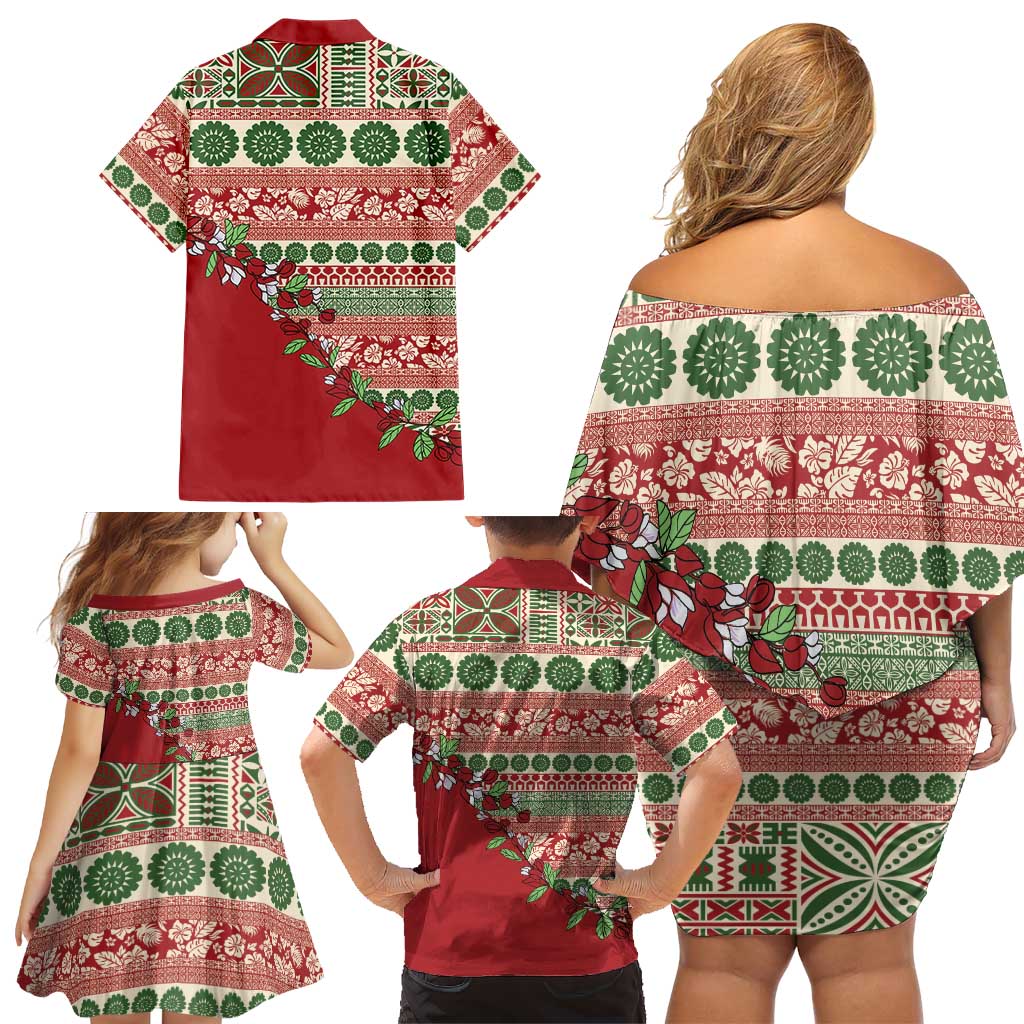 Fiji Marau na Kerisimasi Family Matching Off Shoulder Short Dress and Hawaiian Shirt Red Tagimoucia Tapa Masi Tribal LT9 - Polynesian Pride