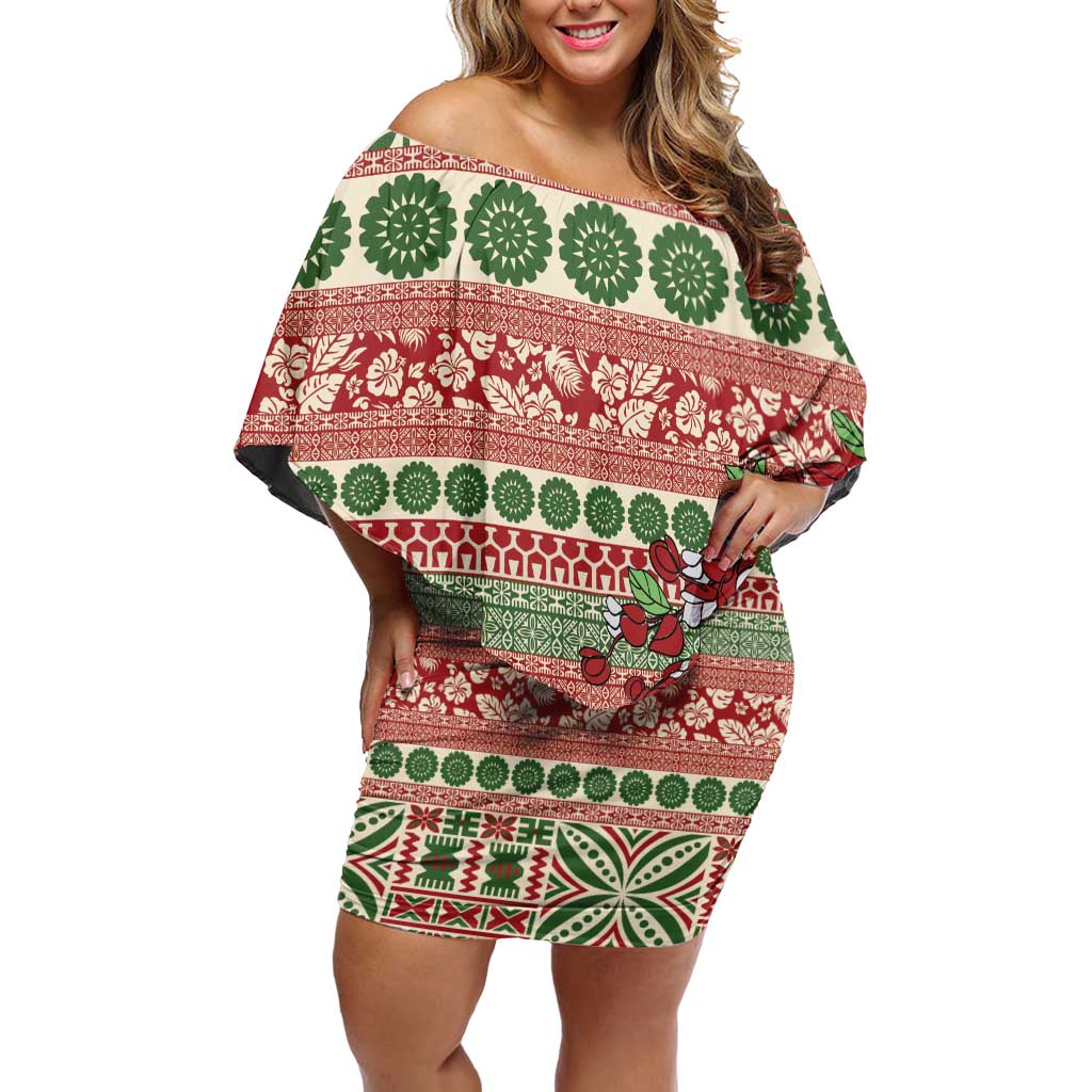 Fiji Marau na Kerisimasi Family Matching Off Shoulder Short Dress and Hawaiian Shirt Red Tagimoucia Tapa Masi Tribal LT9 Mom's Dress Red - Polynesian Pride