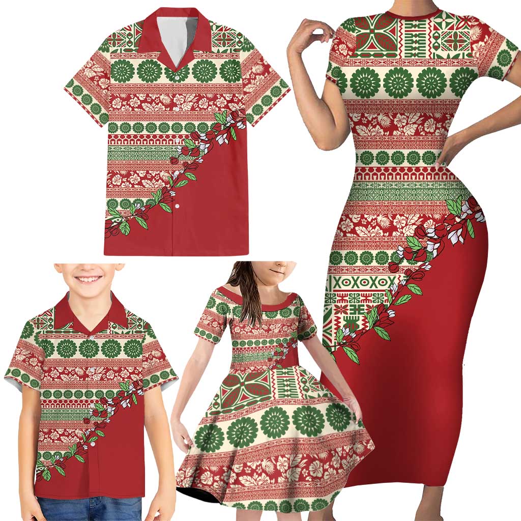 Fiji Marau na Kerisimasi Family Matching Short Sleeve Bodycon Dress and Hawaiian Shirt Red Tagimoucia Tapa Masi Tribal - Polynesian Pride