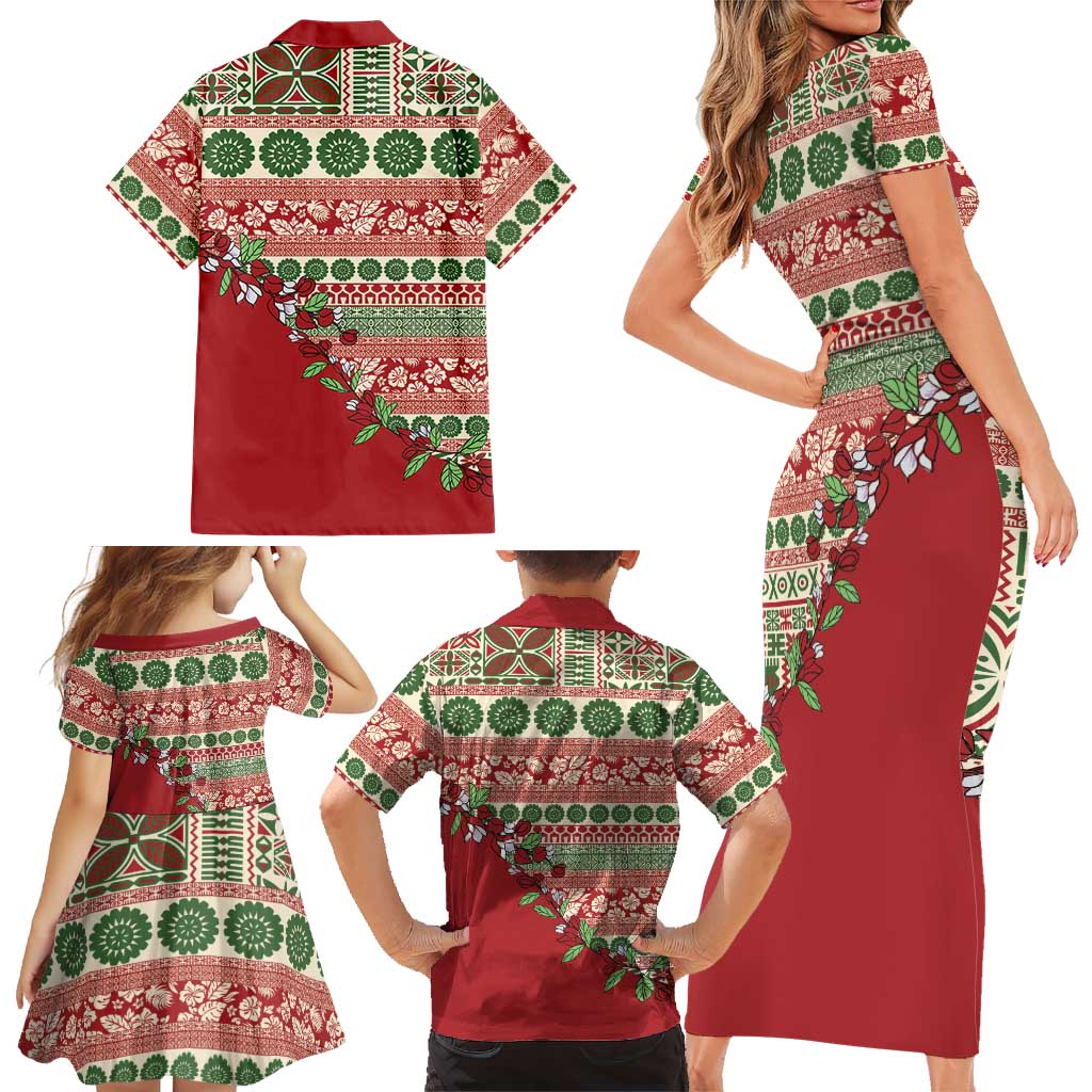Fiji Marau na Kerisimasi Family Matching Short Sleeve Bodycon Dress and Hawaiian Shirt Red Tagimoucia Tapa Masi Tribal LT9 - Polynesian Pride