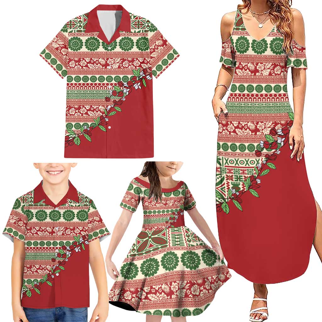 Fiji Marau na Kerisimasi Family Matching Summer Maxi Dress and Hawaiian Shirt Red Tagimoucia Tapa Masi Tribal - Polynesian Pride