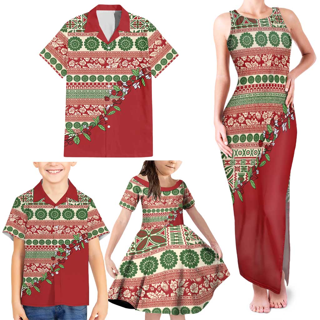 Fiji Marau na Kerisimasi Family Matching Tank Maxi Dress and Hawaiian Shirt Red Tagimoucia Tapa Masi Tribal - Polynesian Pride