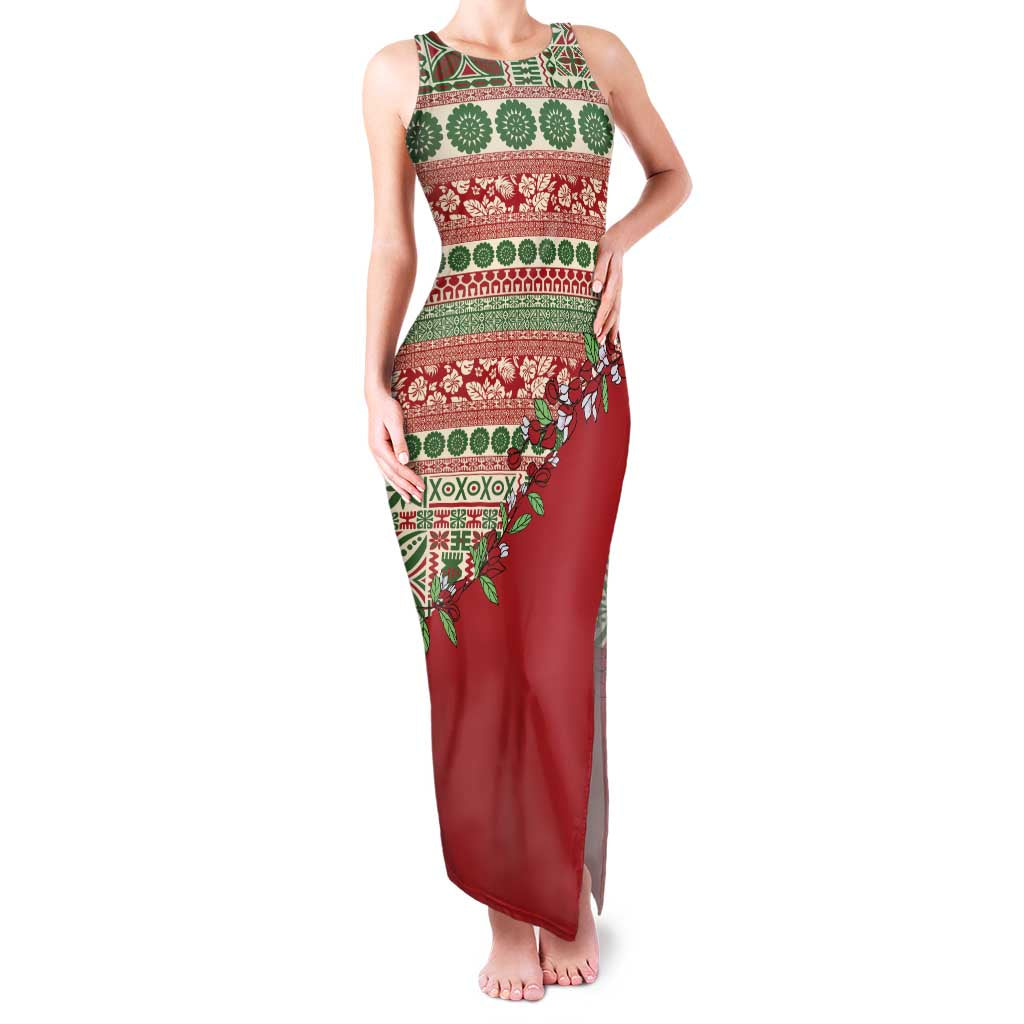 Fiji Marau na Kerisimasi Family Matching Tank Maxi Dress and Hawaiian Shirt Red Tagimoucia Tapa Masi Tribal LT9 Mom's Dress Red - Polynesian Pride