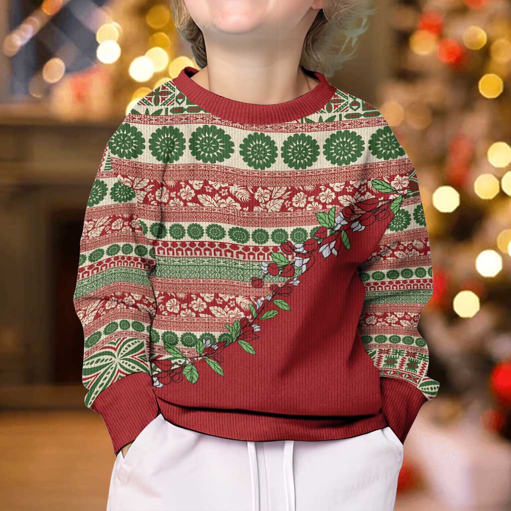 Fiji Marau na Kerisimasi Kid Ugly Christmas Sweater Red Tagimoucia Tapa Masi Tribal - Polynesian Pride