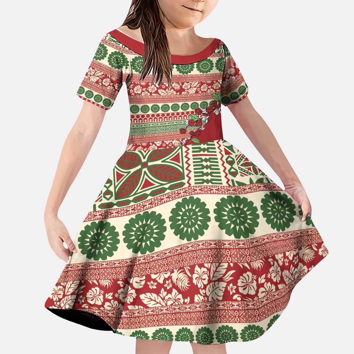 Fiji Marau na Kerisimasi Kid Short Sleeve Dress Red Tagimoucia Tapa Masi Tribal - Polynesian Pride