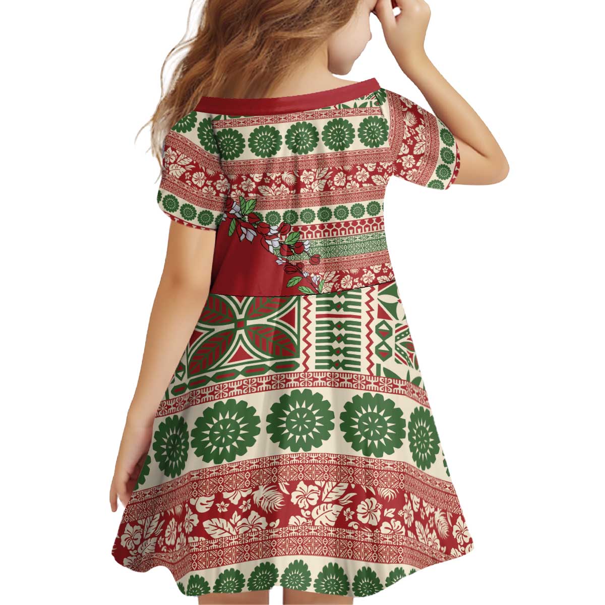 Fiji Marau na Kerisimasi Kid Short Sleeve Dress Red Tagimoucia Tapa Masi Tribal - Polynesian Pride
