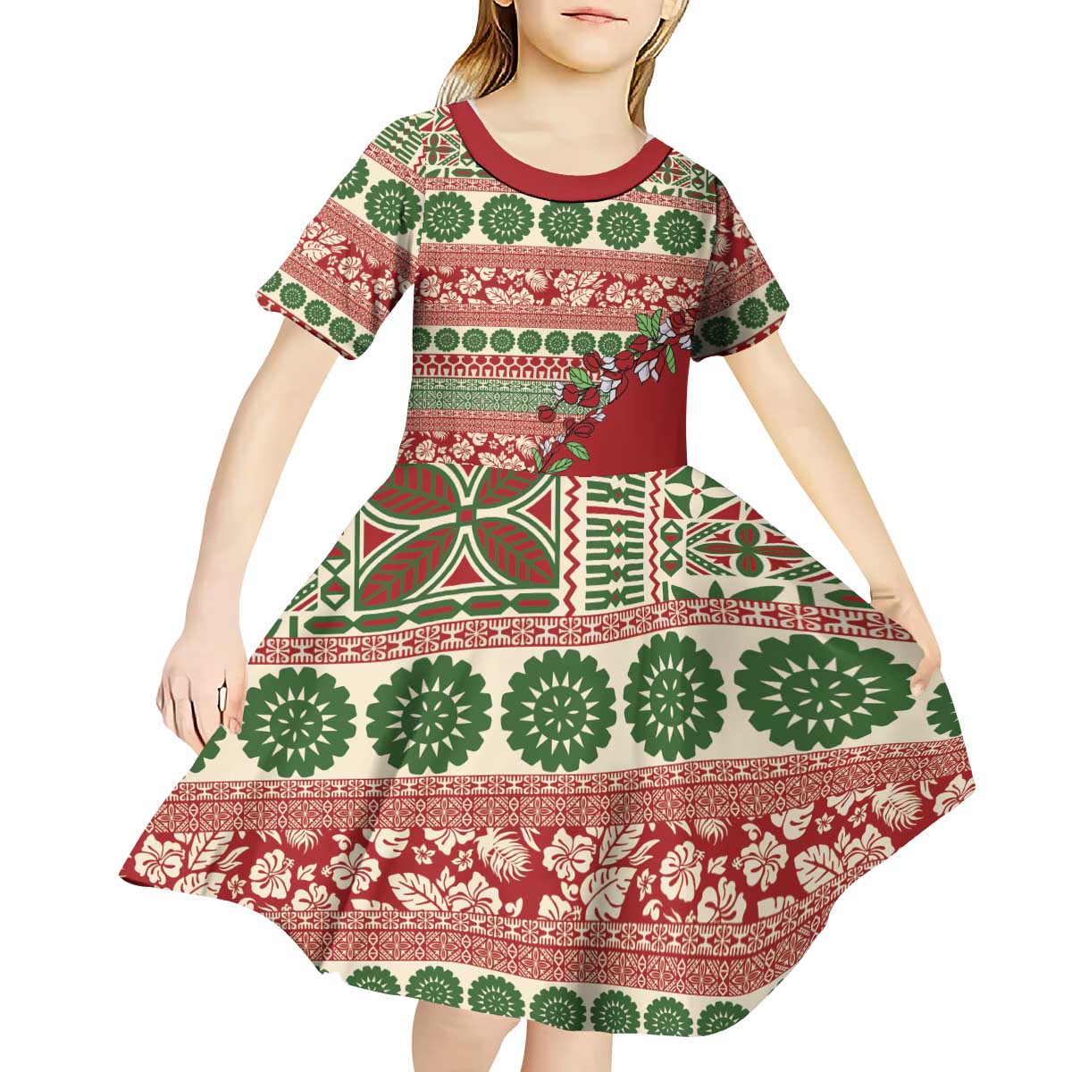 Fiji Marau na Kerisimasi Kid Short Sleeve Dress Red Tagimoucia Tapa Masi Tribal - Polynesian Pride