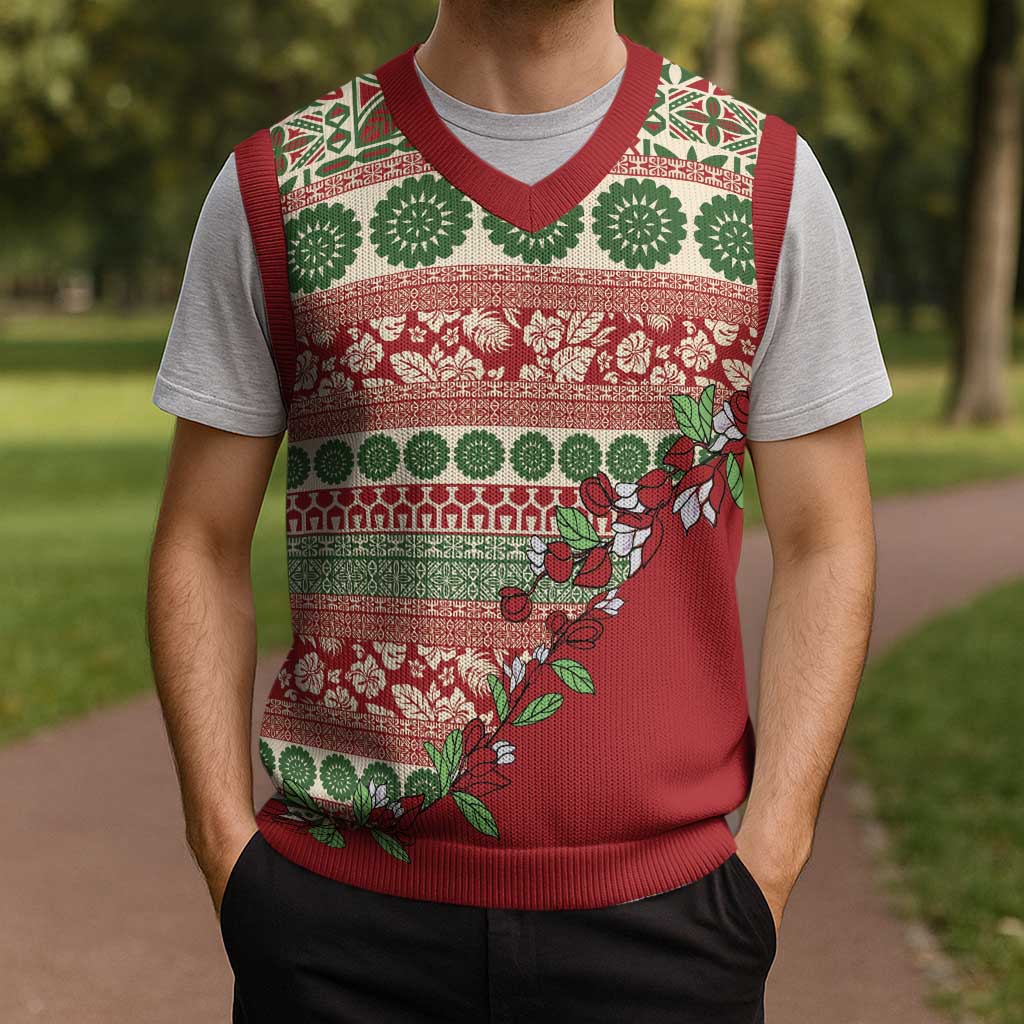 Fiji Marau na Kerisimasi Christmas Knitted V-Neck Vest Red Tagimoucia Tapa Masi Tribal LT9 - Polynesian Pride