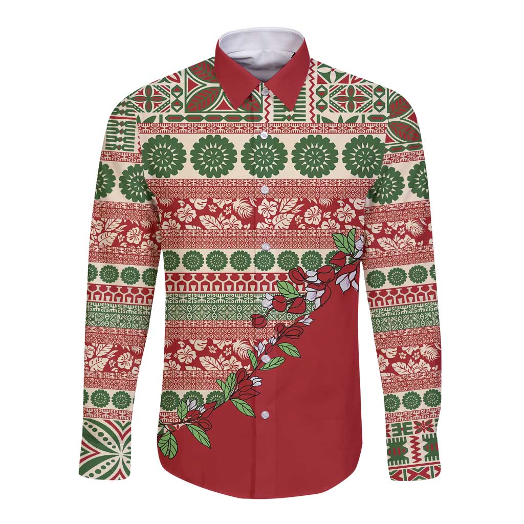Fiji Marau na Kerisimasi Long Sleeve Button Shirt Red Tagimoucia Tapa Masi Tribal - Polynesian Pride